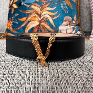 Gold Versace Virtus Black Leather Belt